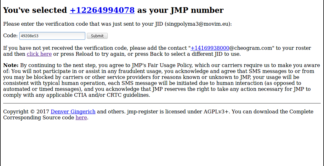 Entering the verification code for JMP registration